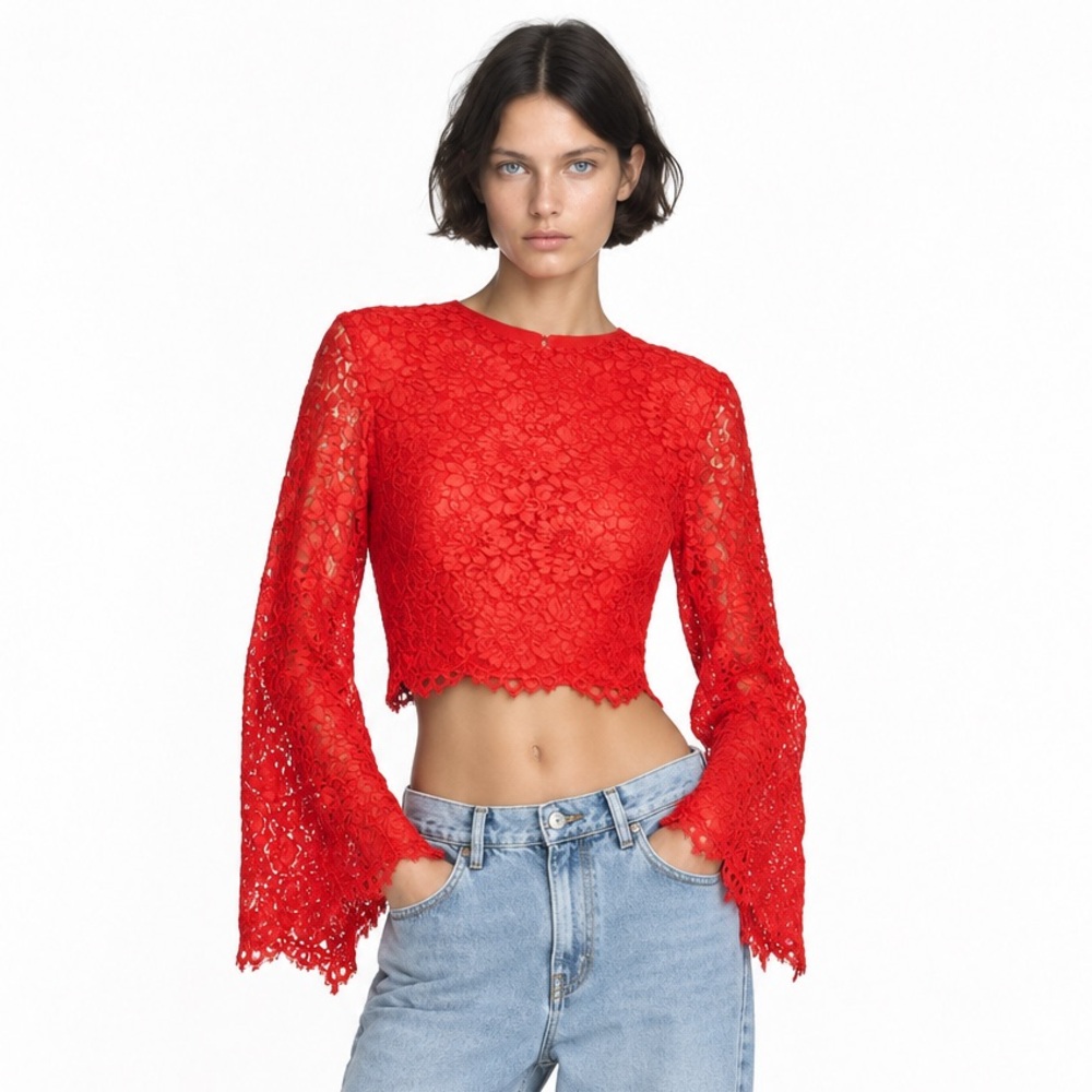 Alice + Olivia Red Pasha Lace Top Bell Sleeve Luxury XS